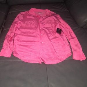Juicy Couture pink silk blouse w/white polka dots